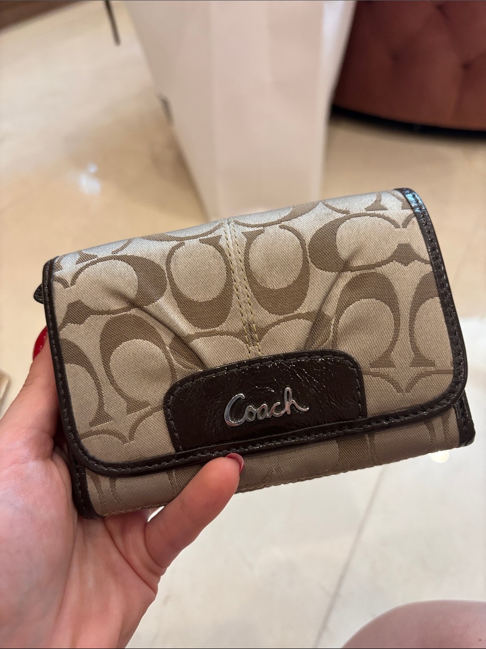 Vintage Coach Khaki and Dark Brown Signature Mini Wallet